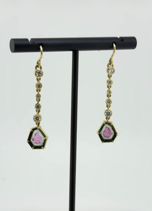 Watermelon Tourmaline 18kt Gold Earrings