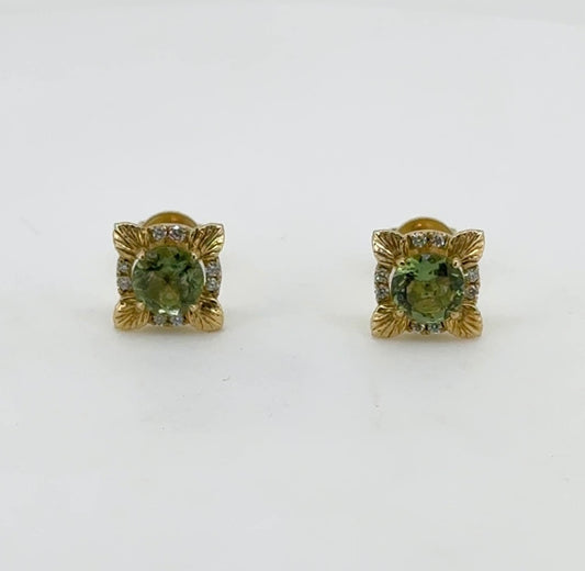 Flora Earrings: Moldavite & Natural Diamonds 14KT Gold