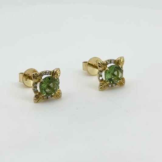 Flora Earrings: Moldavite & Natural Diamonds 14KT Gold